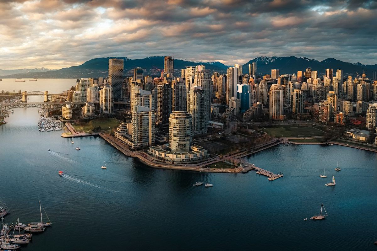 Vancouver skyline and False Creek at golden hour