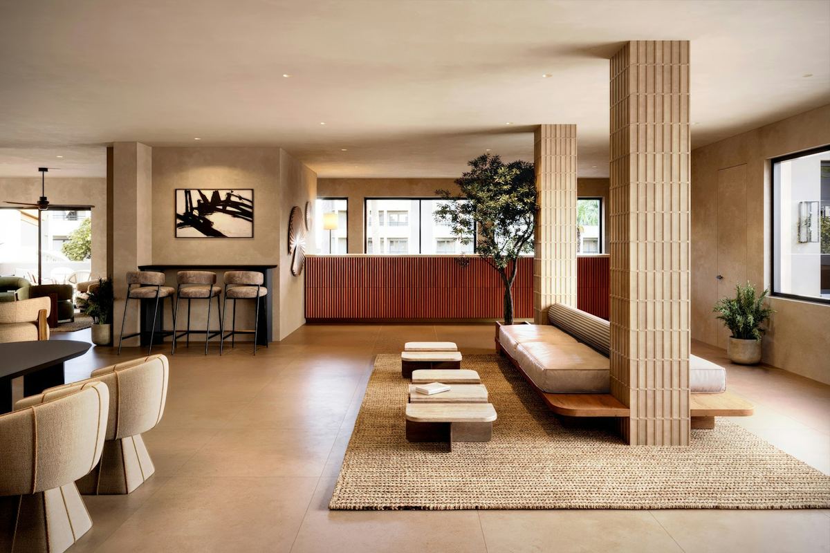 A modern hotel lobby with lounge seating